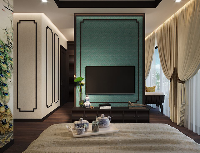 Thiết kế nội thất phòng ngủ theo phong cách Indochina ở nhà liền kề Nam An Khánh