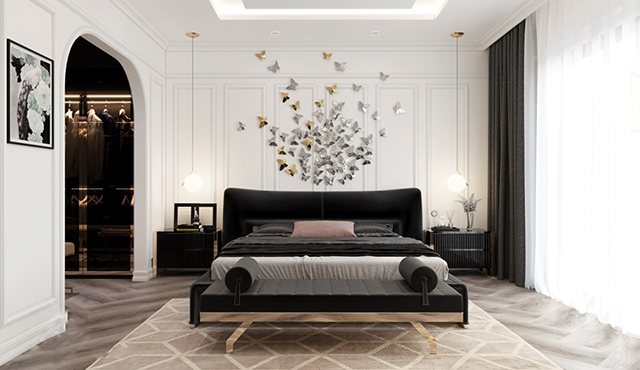 Thiết kế nội thất phòng ngủ hiện đại với gam màu trắng và đen chủ đạo ở Biệt thự Nam An Khánh