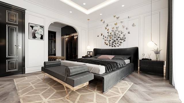 Thiết kế nội thất phòng ngủ hiện đại với gam màu trắng và đen chủ đạo ở Biệt thự Nam An Khánh
