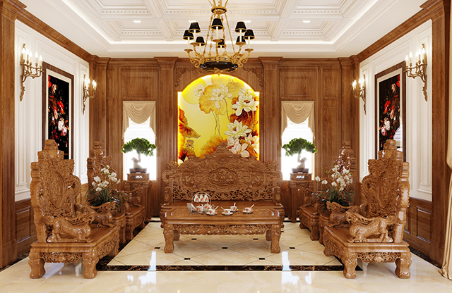 Thiết kế nội thất phòng khách biệt thự cổ điển 102m2 ở Dương Nội