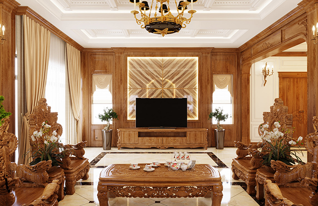 Thiết kế nội thất phòng khách biệt thự cổ điển 102m2 ở Dương Nội