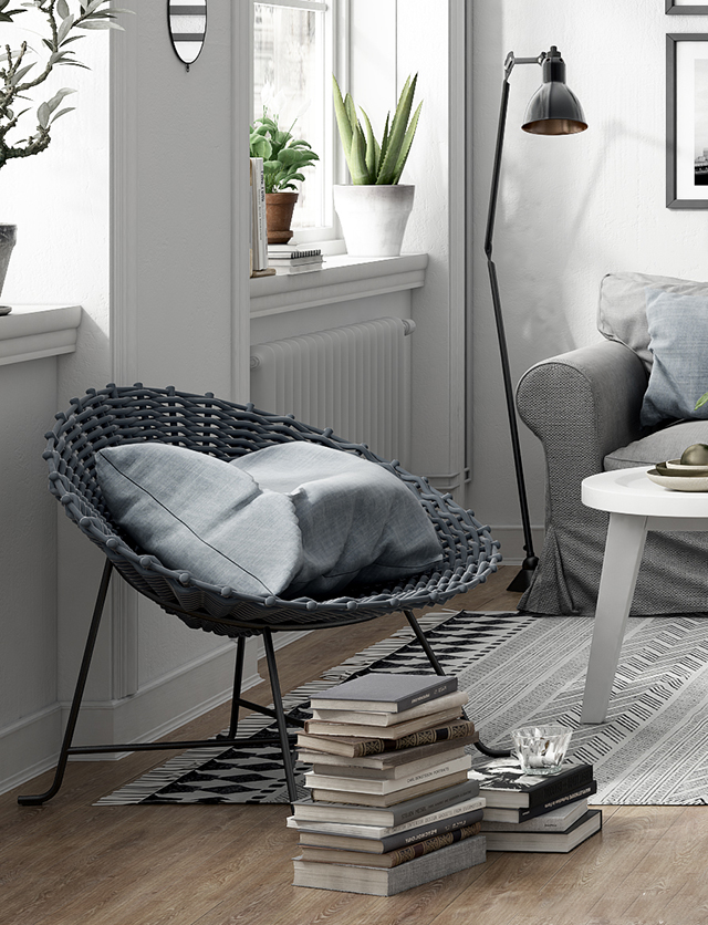 Thiết kế nội thất phòng khách phong cách Scandinavian với gam màu trắng và ghi ở căn hộ chung cư Hoàng Mai