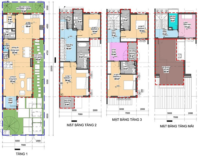 Mặt bẳng tổng thể căn biệt thự điển hình 7x22,5m.