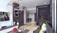 Phòng khách với thiết kế hiện đại tone màu trấm ấm ở chung cư Nguyễn Xiển