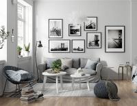 Thiết kế nội thất phòng khách phong cách Scandinavian với gam màu trắng và ghi ở căn hộ chung cư Hoàng Mai