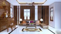 Thiết kế phòng khách biệt thự An Lạc Green Symphony mang phong cách hiện đại pha tân cổ điển nội thất gỗ