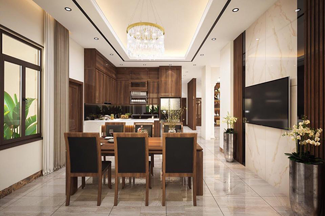 Thiết kế biệt thự 3 tầng ở Dương Nội với nội thất gỗ sang trọng, ấm cúng.